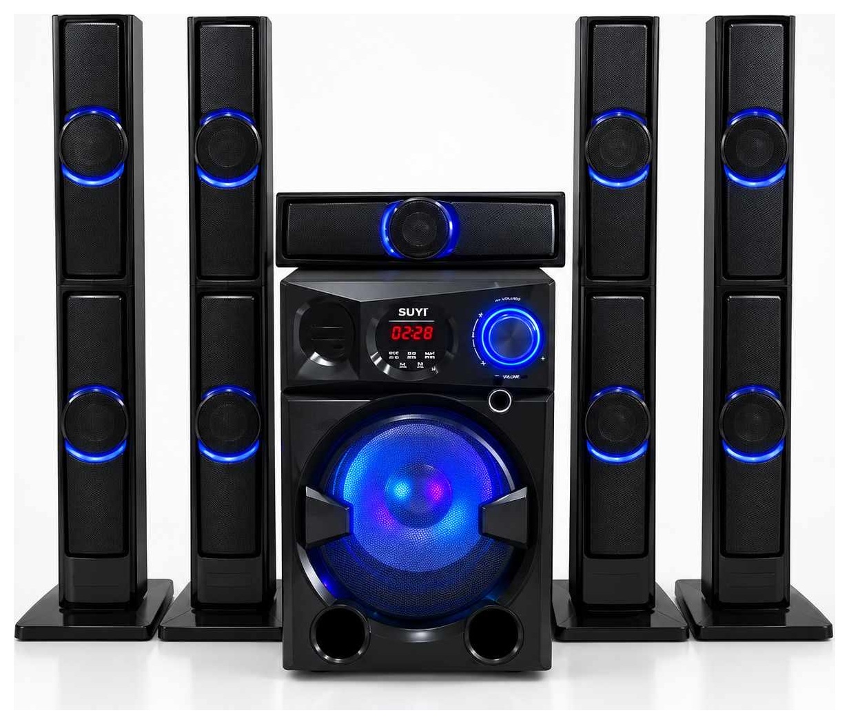 SP-1051 5.1 home theatre: subwoofer, four tower speakers and a centre speaker